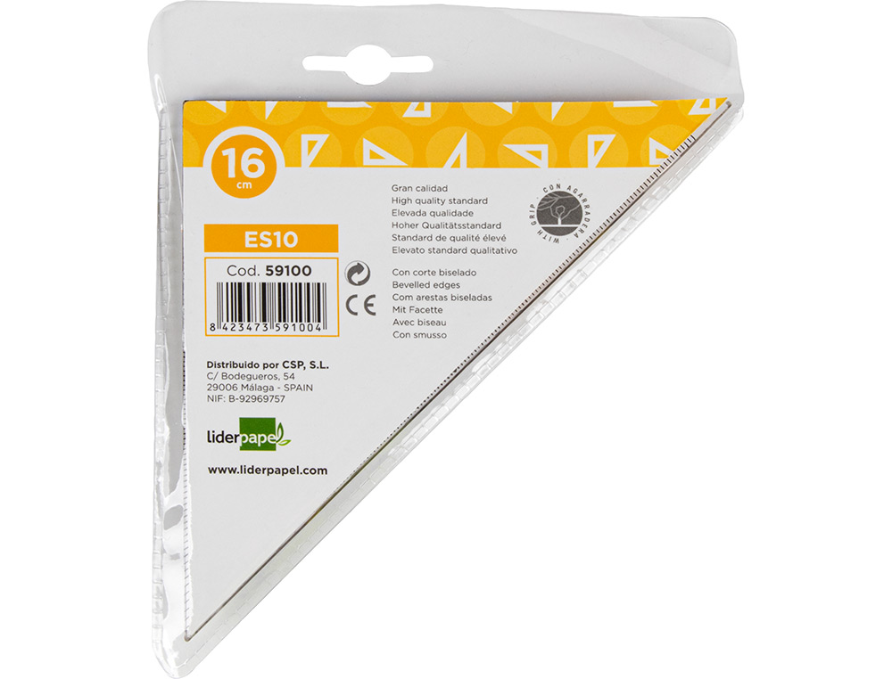 ESCUADRA LIDERPAPEL GEOMETRIA 16 CM PLASTICO CRISTAL CON PESTAA DE SUJECCION