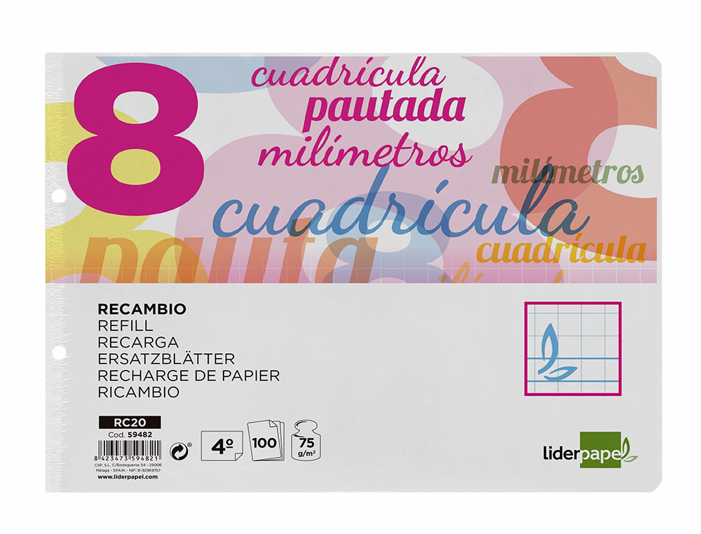 Recambio liderpapel cuarto pautaguia 100 hojas 75 g cuadriculado pautado 8 mm con margen 2 taladros apaisado