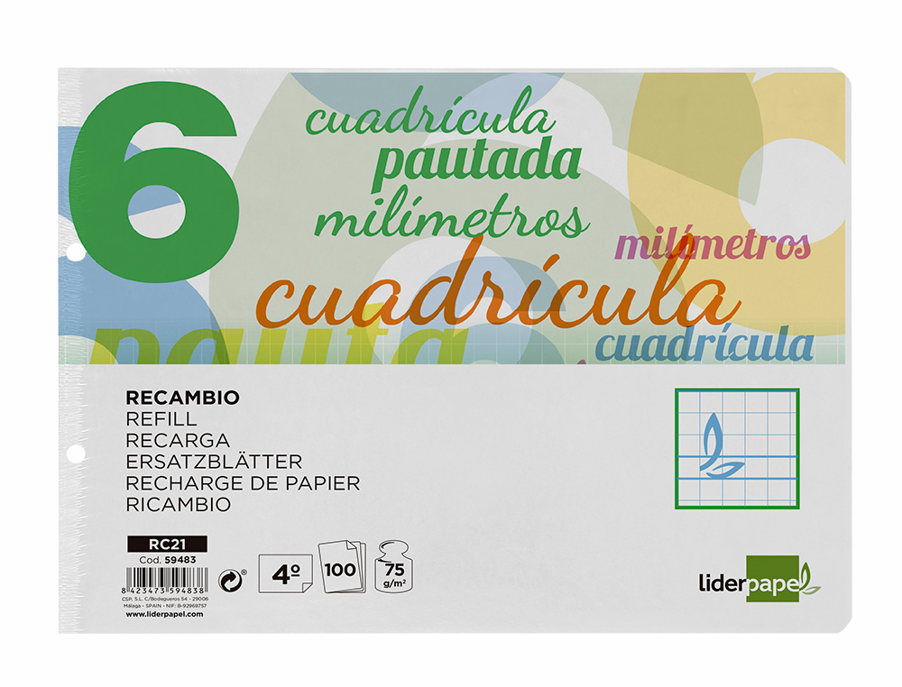 Recambio liderpapel cuarto pautaguia 100 hojas 75 g cuadriculado pautado 6 mm con margen 2 taladros apaisado