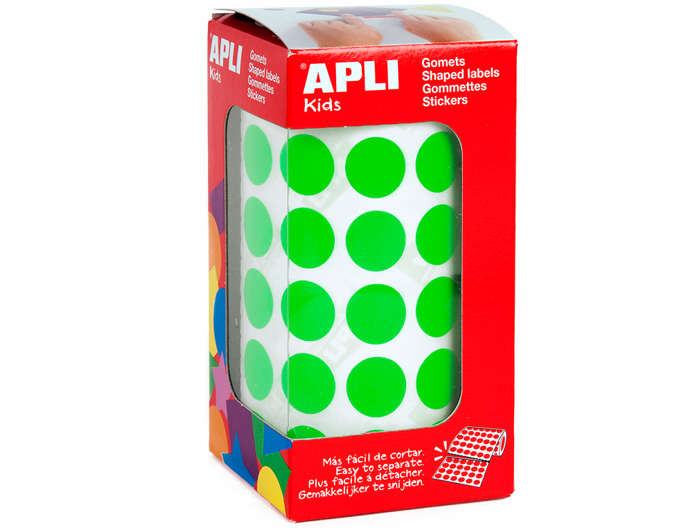 Gomets autoadhesivos circulares 15 mm verde en rollo con 2832 unidades