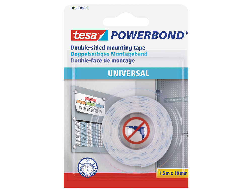 Cinta adhesiva tesa doble cara powerbond universal uso interior 1,5 m x 19 mm