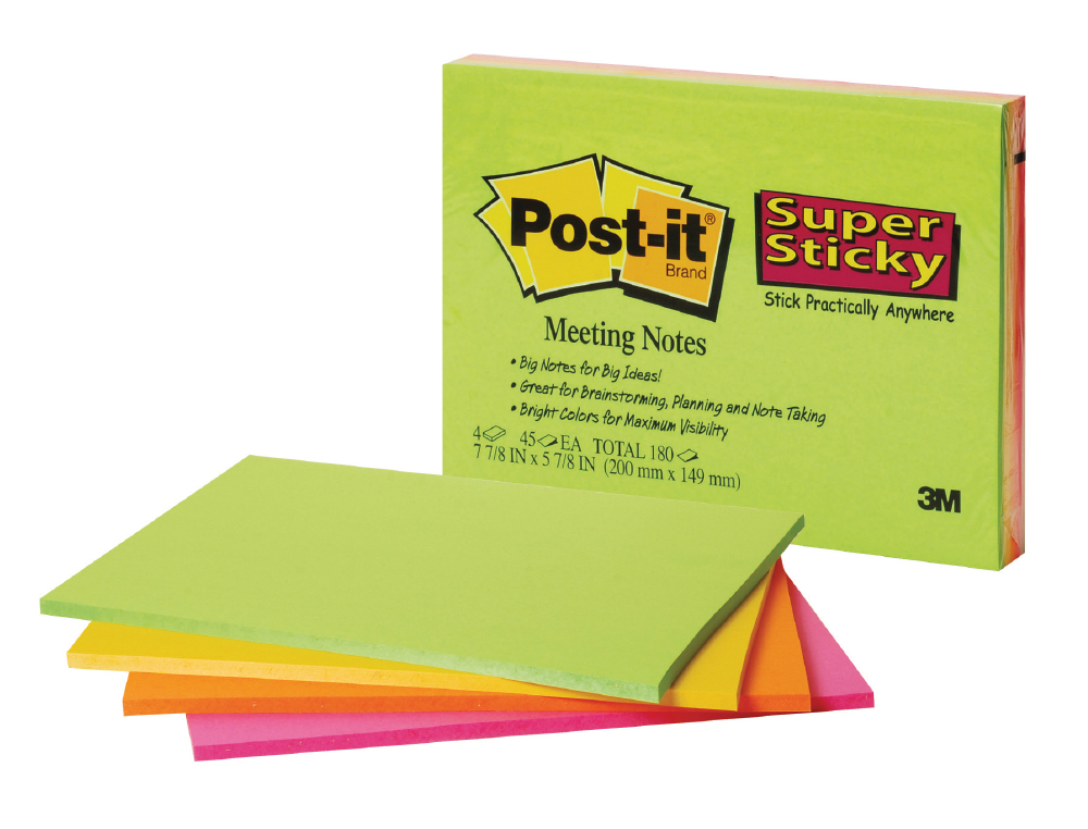 Bloc de notas adhesivas quita y pon post-it super sticky 149x98 mm con 45 hojas pack de 4 unidades colores neon