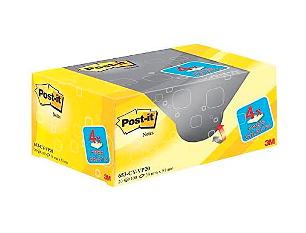 Bloc de notas adhesivas quita y pon post-it amarillo canario 38x51 mm pack promocional 16+4 gratis