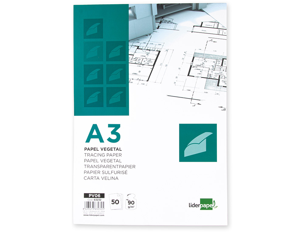 Bloc papel vegetal liderpapel encolado 297x420mm 50 hojas 90 g/m2