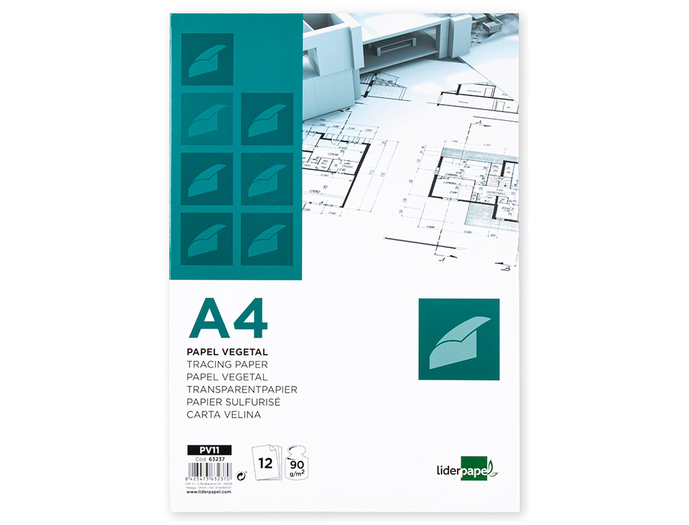 Papel dibujo liderpapel a4 210x297mm 90g/m2 vegetal sobre de 12 hojas