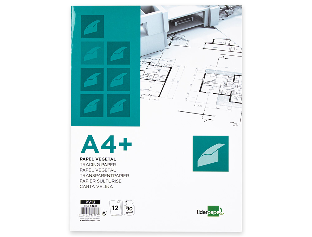 Papel dibujo liderpapel a4+ 320x240mm 90g/m2 vegetal sobre de 12 hojas