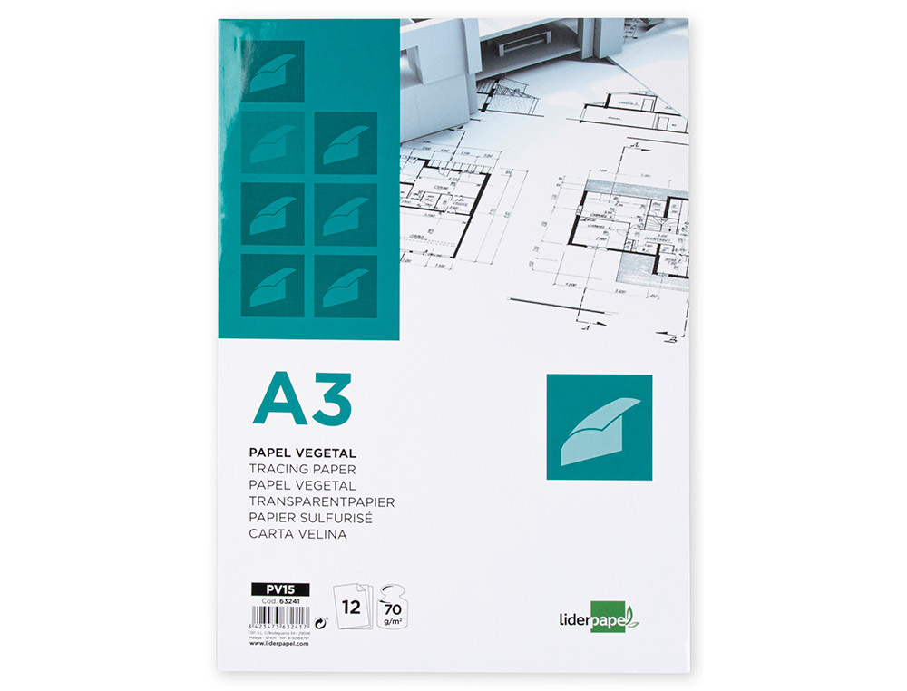 Papel dibujo liderpapel a3 297x420mm 70g/m2 vegetal sobre de 12 hojas