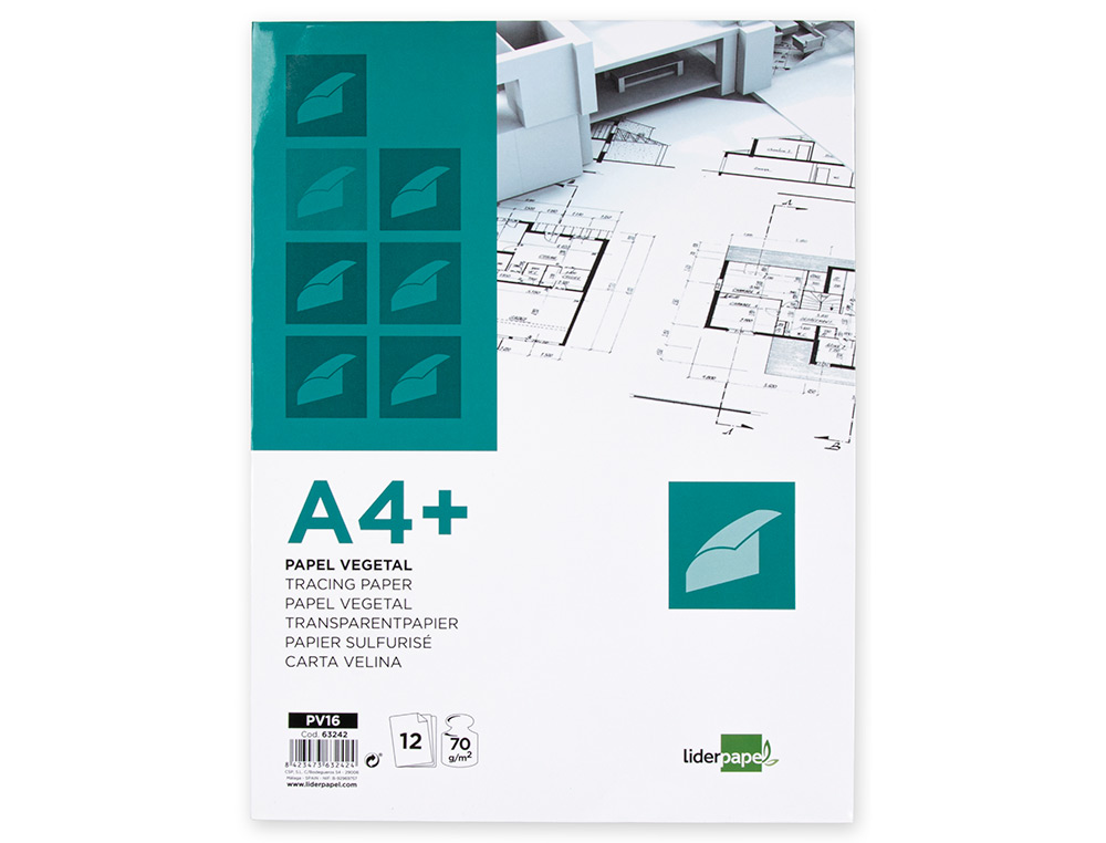 Papel dibujo liderpapel a4+ 320x240mm 70g/m2 vegetal sobre de 12 hojas