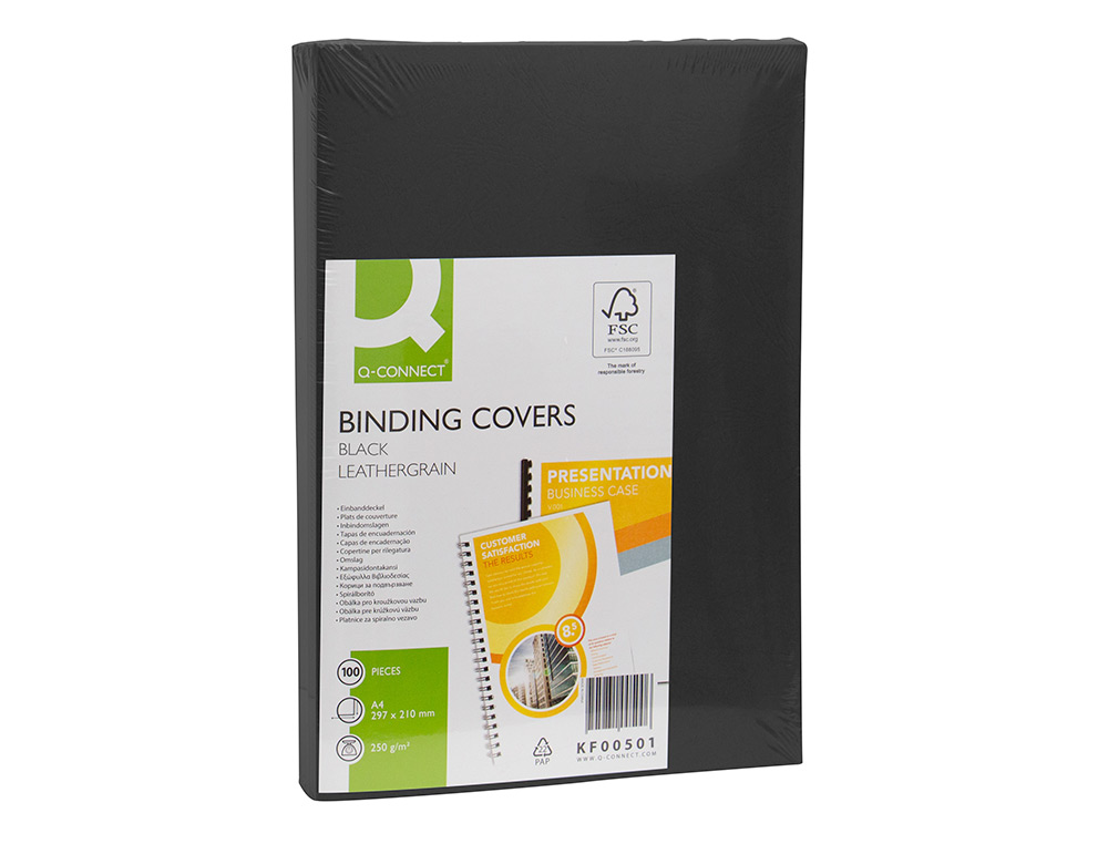 TAPA DE ENCUADERNACION Q-CONNECT CARTON DIN A4 NEGRO SIMIL PIEL 250 GR CAJA DE 100 UNIDADES