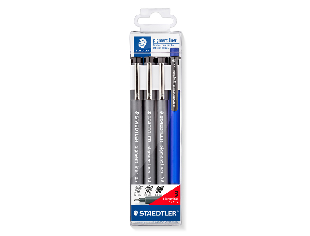 Rotulador staedtler calibrado micrometrico negro bolsa de 3 unidades 0,2 -0,4- 0,8 mm + portaminas 777 regalo