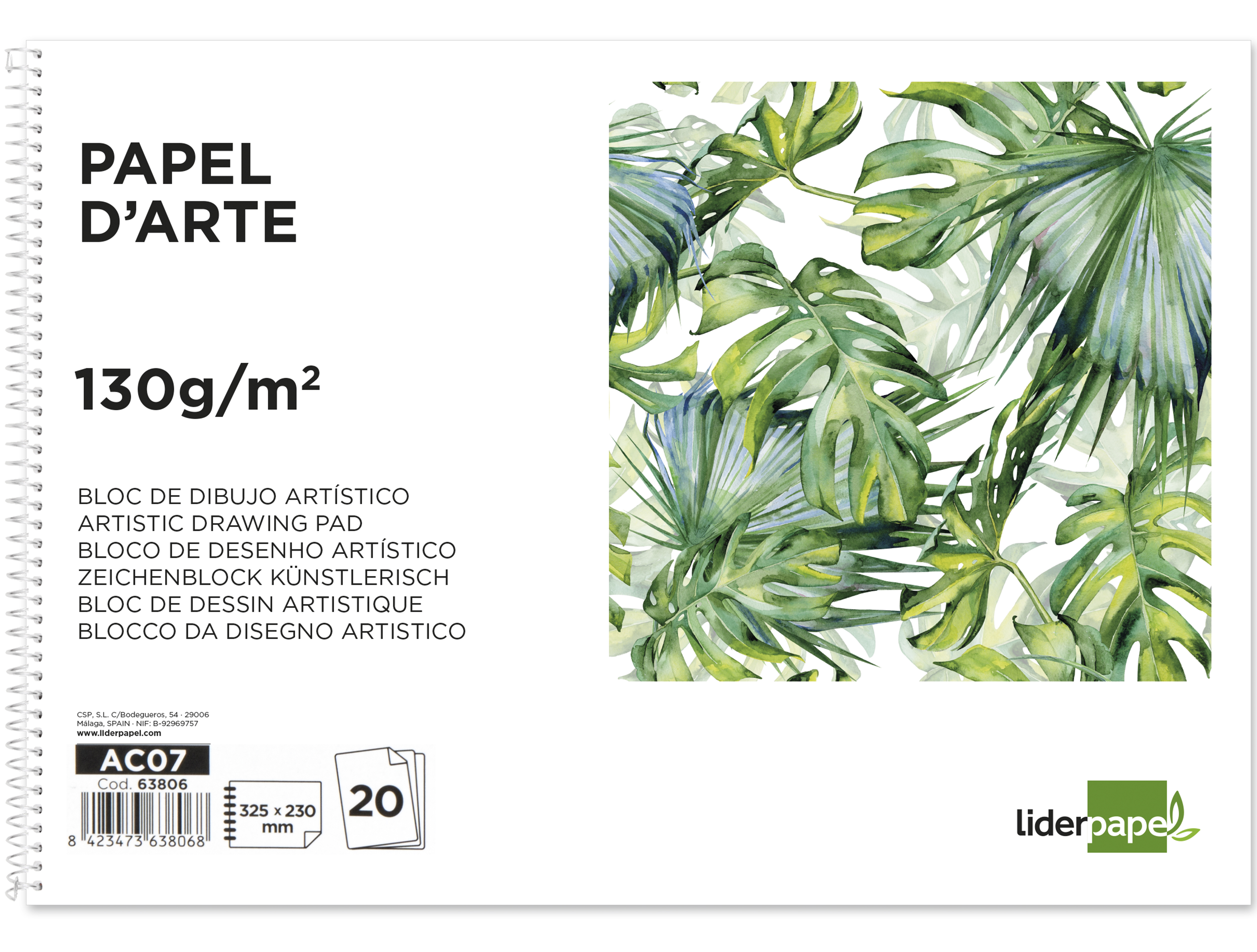 Bloc dibujo liderpapel artistico espiral 230x325mm 20 hojas 130g/m2 sin recuadro sin microperforado