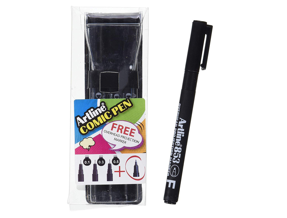 Rotulador artline comic pen calibrado micrometrico negro bolsa de 3 uds 0,2 0,4 0,8 + fluorescente 660