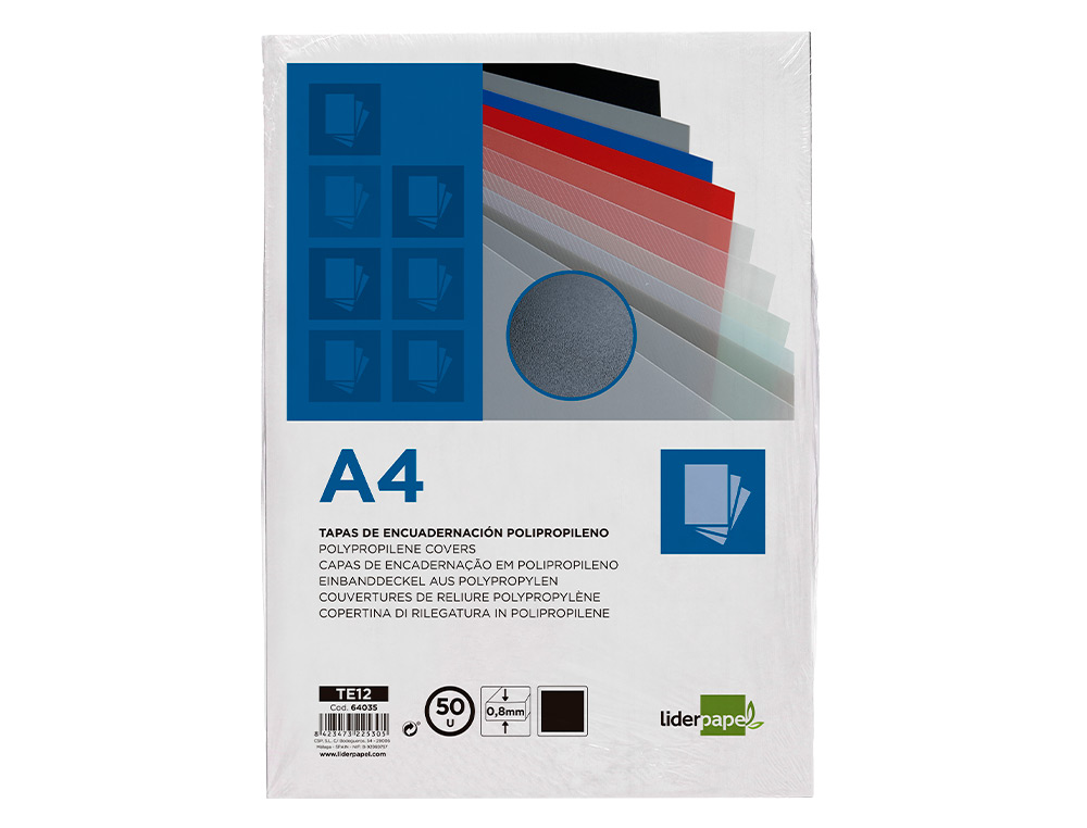 TAPA ENCUADERNACION LIDERPAPEL POLIPROPILENO A4 0.8MM NEGRO OPACO PAQUETE DE 50 UNIDADES