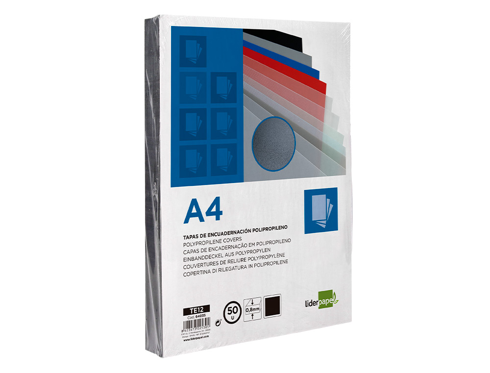 TAPA ENCUADERNACION LIDERPAPEL POLIPROPILENO A4 0.8MM NEGRO OPACO PAQUETE DE 50 UNIDADES