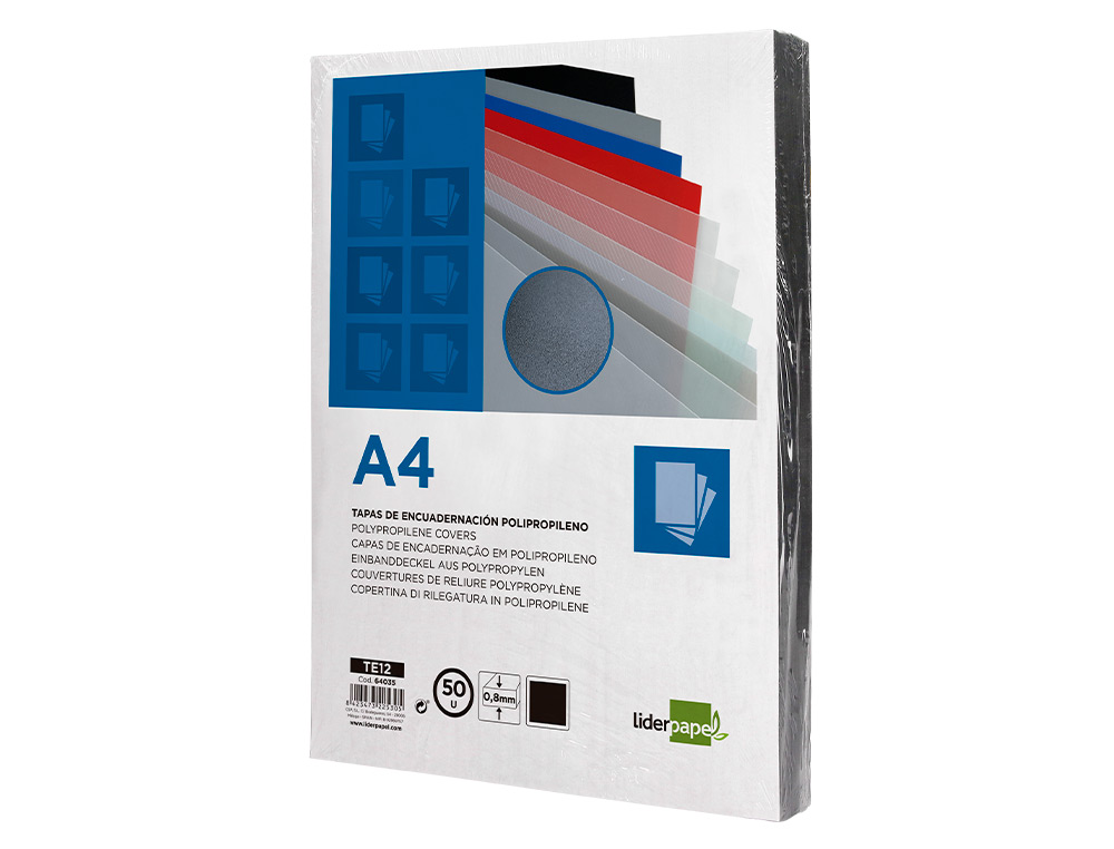 TAPA ENCUADERNACION LIDERPAPEL POLIPROPILENO A4 0.8MM NEGRO OPACO PAQUETE DE 50 UNIDADES