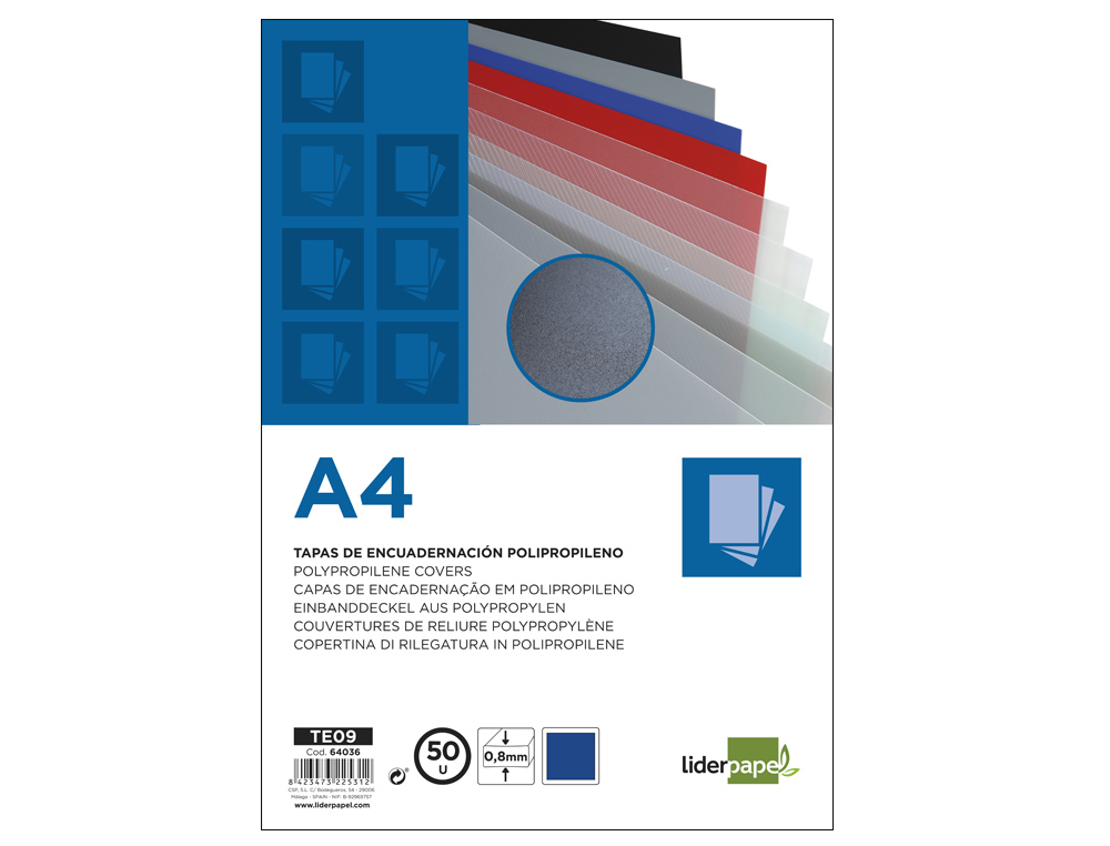 Tapa encuadernacion liderpapel polipropileno a4 0.8mm azul opaco paquete de 50 unidades