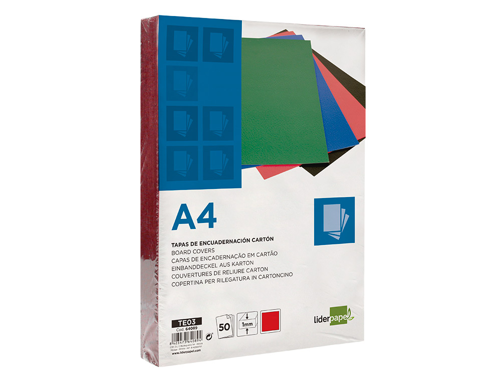 TAPA ENCUADERNACION LIDERPAPEL CARTON A4 1MM ROJA PAQUETE DE 50 UNIDADES