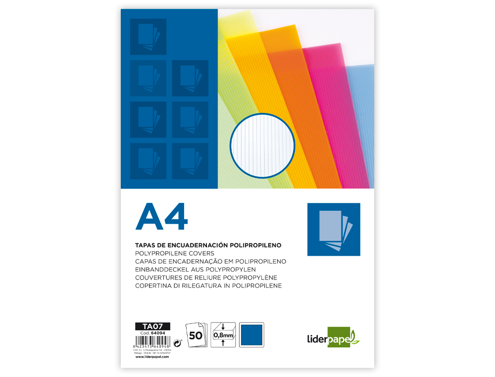 TAPA ENCUADERNACION LIDERPAPEL POLIPROPILENO ONDULADO A4 0.8 MM AZUL PAQUETE DE 50 UNIDADES