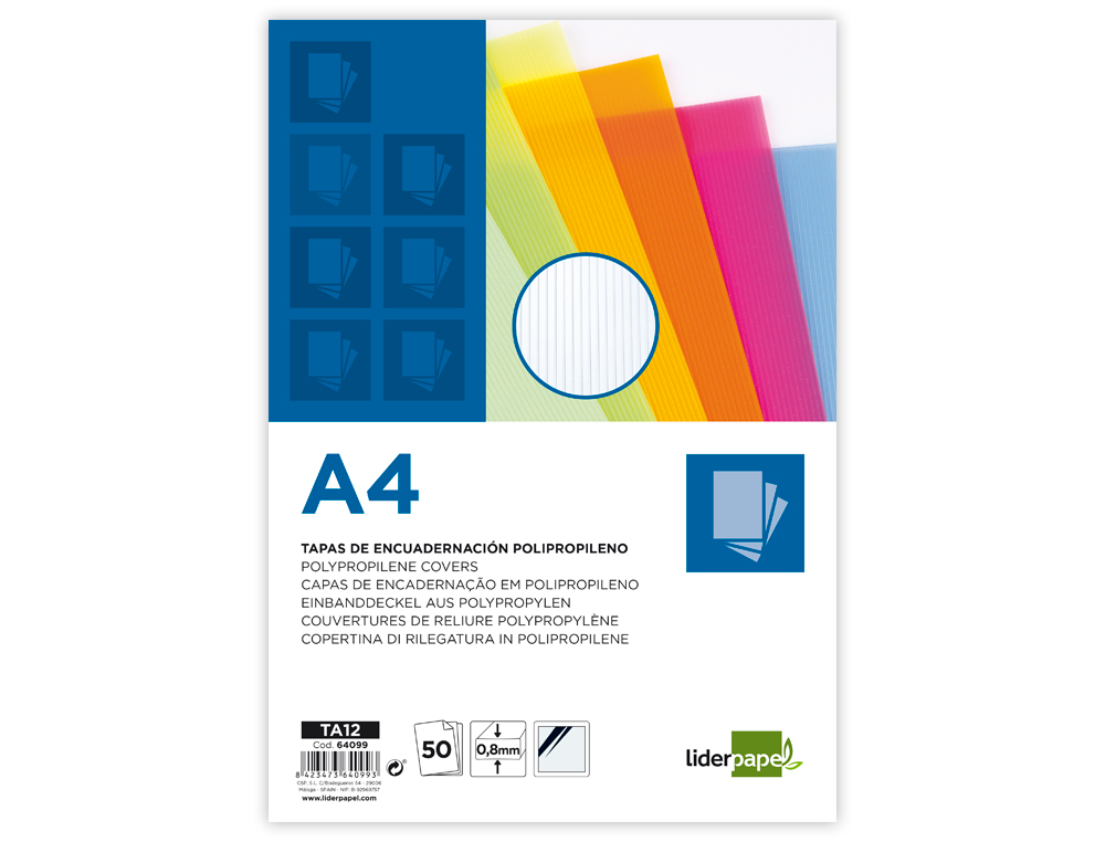 TAPA ENCUADERNACION LIDERPAPEL POLIPROPILENO ONDULADO A4 0.8 MM TRANSPARENTE PAQUETE DE 50 UDS