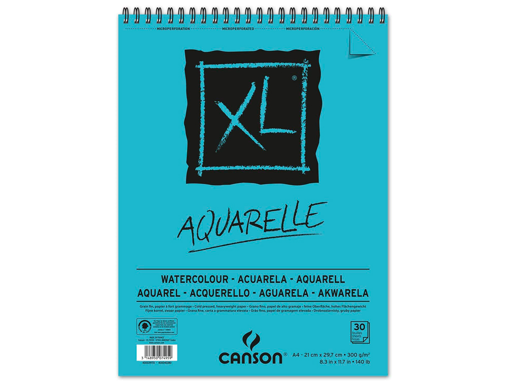 Bloc dibujo acuarela canson xl aquarelle grano fino din a4 microperforado espiral 21x29,7 cm 30 hojas 300 gr