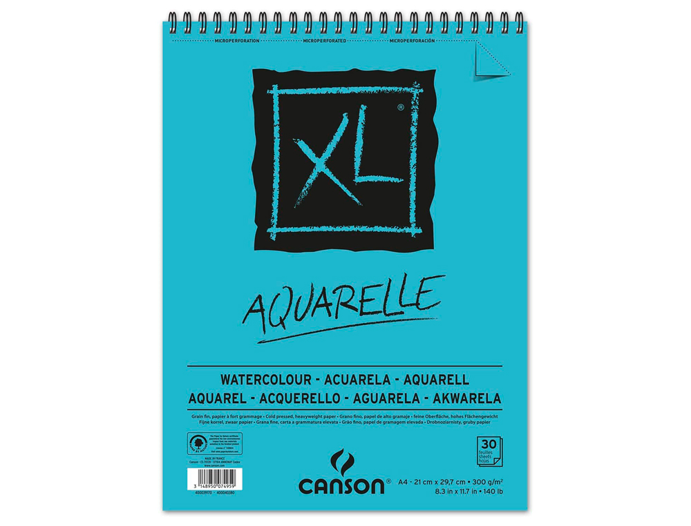 Bloc dibujo acuarela canson xl aquarelle grano fino din a3 microperforado espiral 29,7x42 cm 30 hojas 300 gr