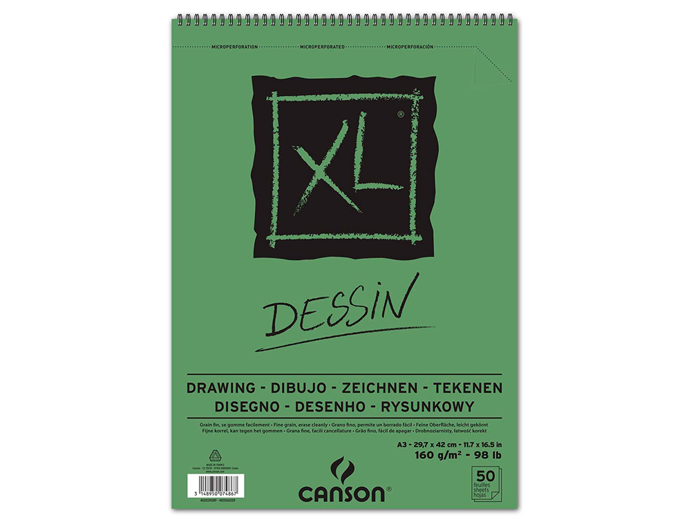 Bloc dibujo canson xl dessin din a3 liso microperforado espiral 29,7x42 cm 50 hojas 160 gr