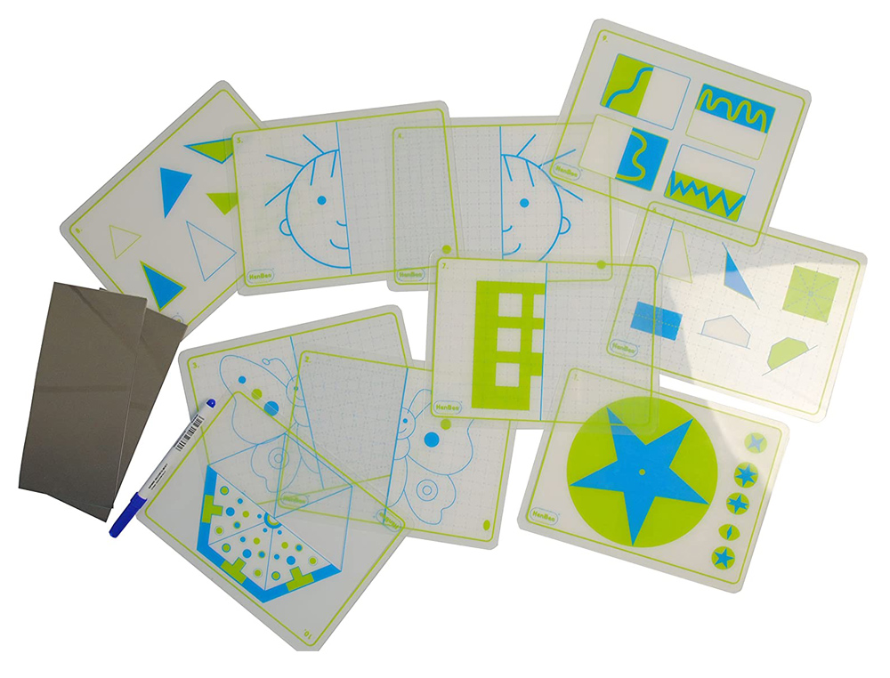 Juego fichas henbea transparentes + espejos simetrias y formas 21x15 cm set 10 tarjetas + 2 espejos