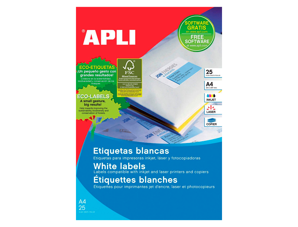 Etiqueta adhesiva apli 1215 tamaño 210x297 mm para fotocopiadora laser ink-jet caja con 25 hojas con