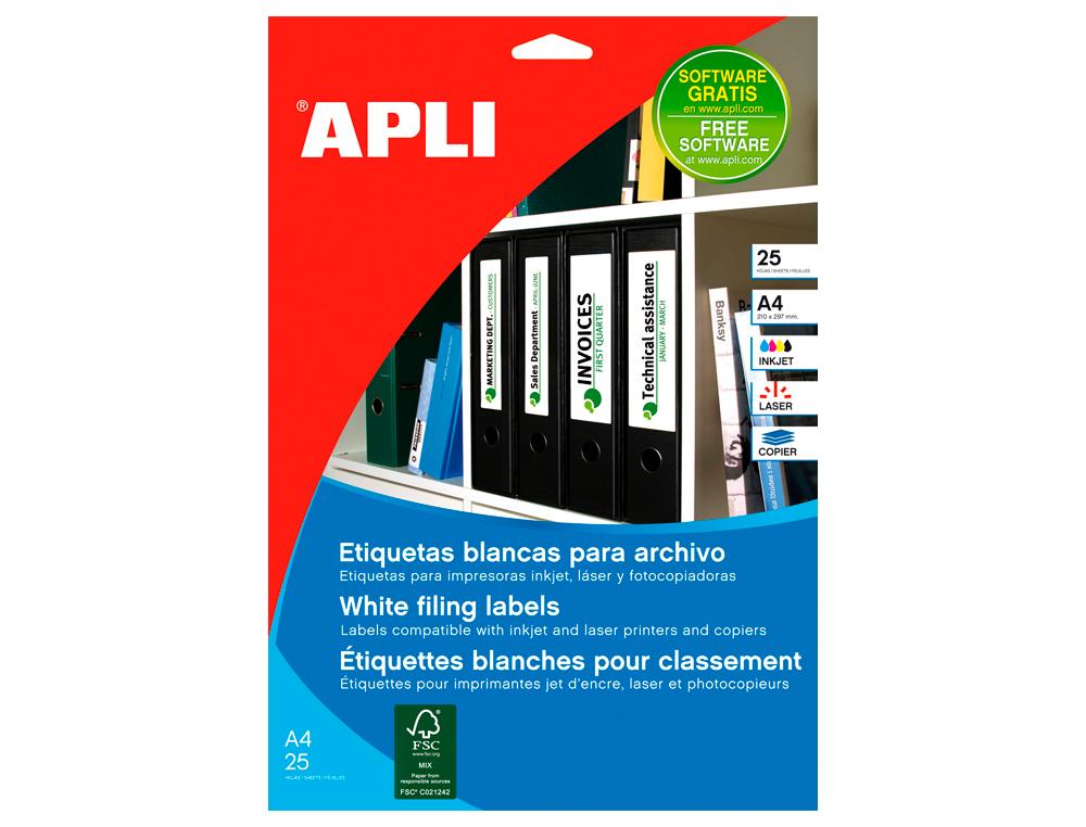 Etiqueta adhesiva apli 1233 tamaño 190x61 mm para fotocopiadora laser ink-jet caja 25 hojas con 100