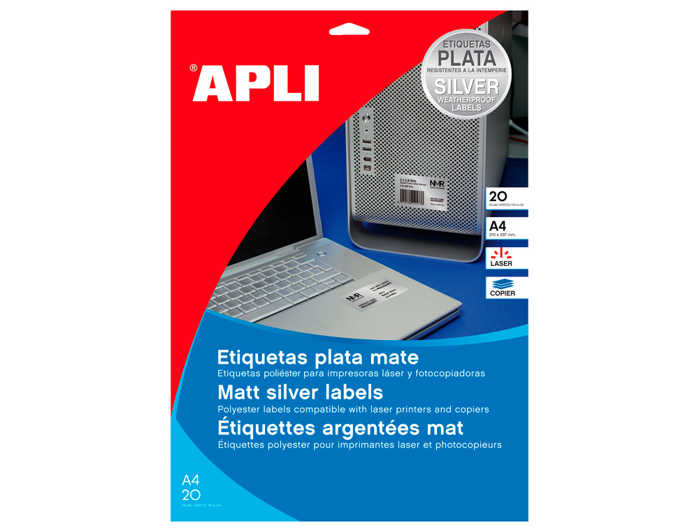 Etiqueta adhesiva apli 10071 metalizada tamaño 210x297 mm para fotocopiadora laser caja 20 hojas con