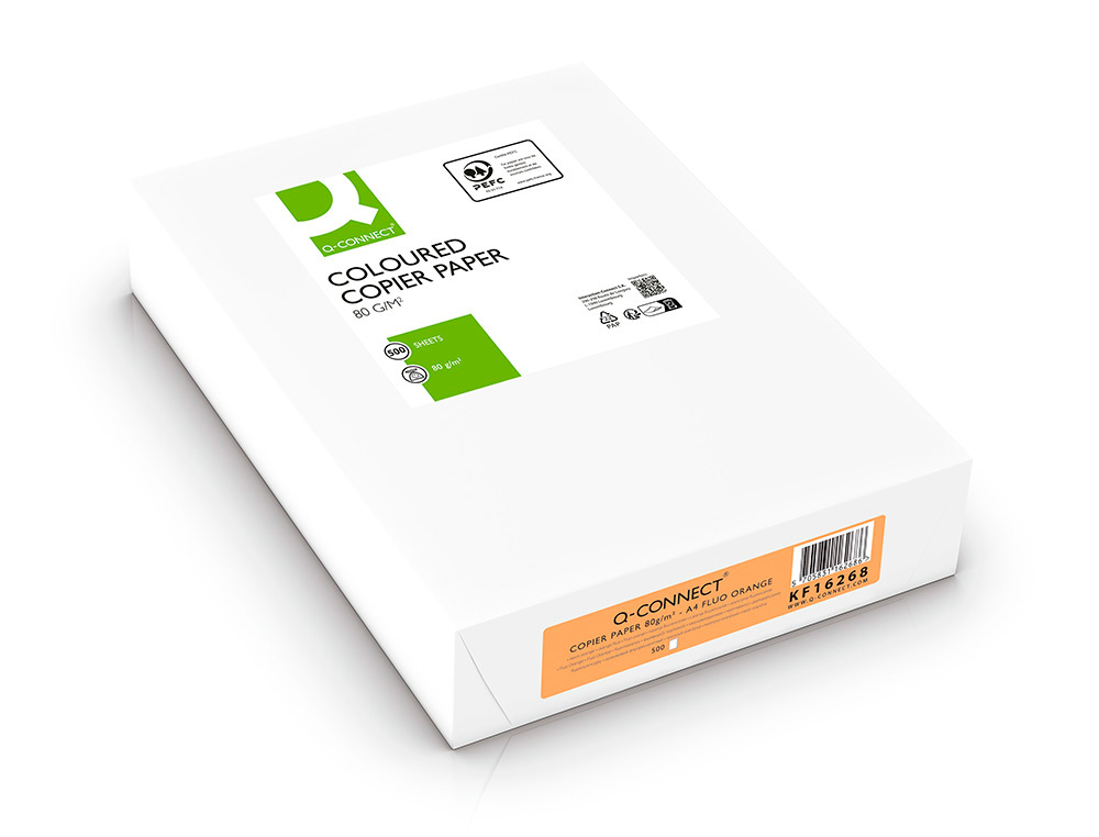 PAPEL DE COR Q-CONNECT DIN A4 80 GR LARANJA NEON EMBALAGEM DE 500 FOLHAS