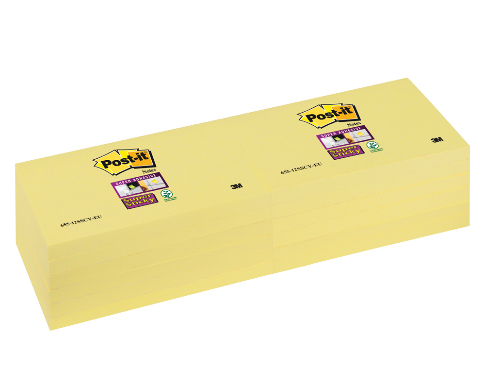 Bloc de notas adhesivas quita y pon post-it super sticky 76x76 mm con 12 bloc amarillo canario