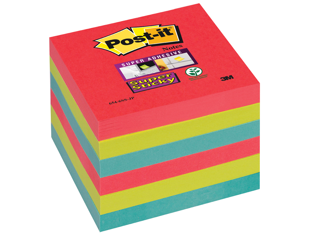 Bloc de notas adhesivas quita y pon post-it super sticky 76x76 mm con 6 bloc 2 rojos verde neon azul