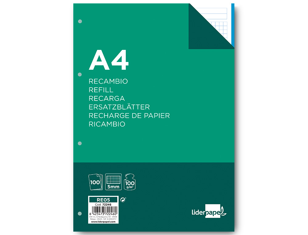 RECAMBIO LIDERPAPEL A4 100 HOJAS 100 G/M2 CUADRO 5 MM 4 TALADROS BANDAS DE 5 COLORES