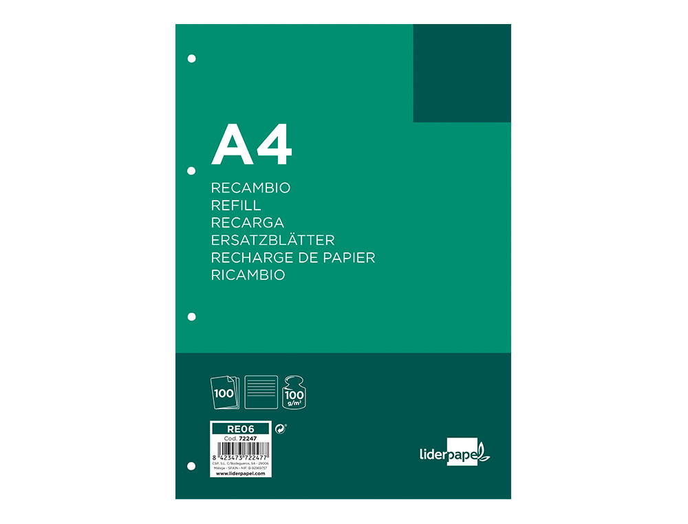 Recambio liderpapel a4 100 hojas 100 g/m2 rayado horizontal 4 taladros bandas de 5 colores