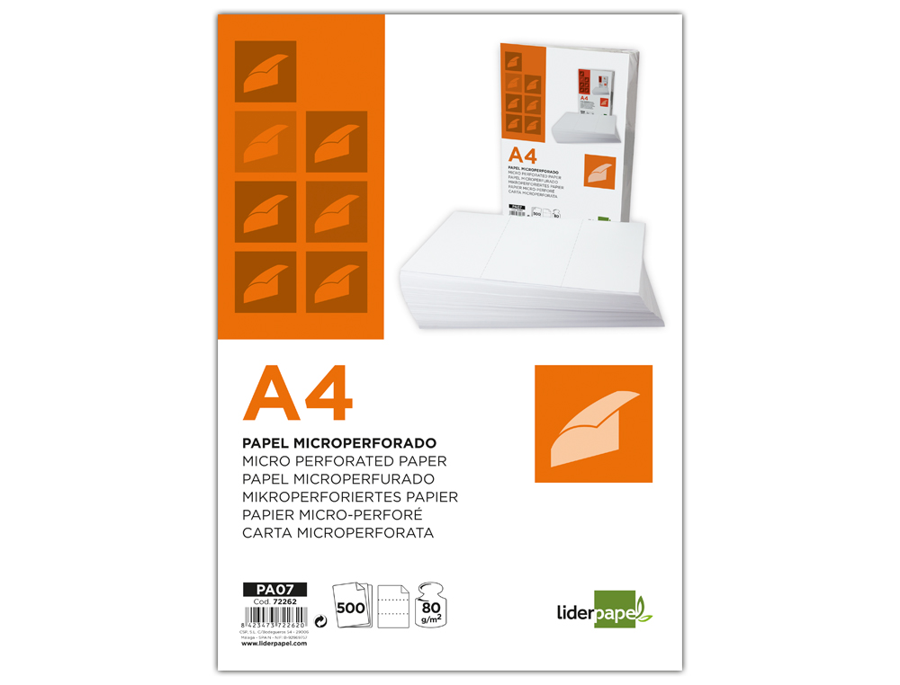 Papel liderpapel a4 80g/m2 liso microperforado en tres partes iguales paquete de 500 hojas