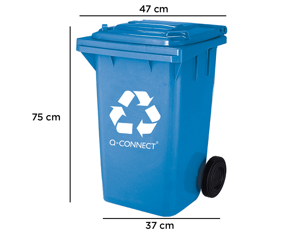 Papelera contenedor q-connect plastico azul para papel y carton 100l con tapa y ruedas 750x470x370 mm