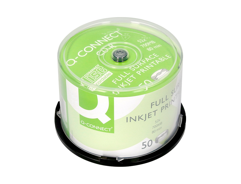 Cd-r q-connect con superficie 100% imprimible para inkjet capacidad 700mb duracion 80minvelocidad 52x bote de 50 unid