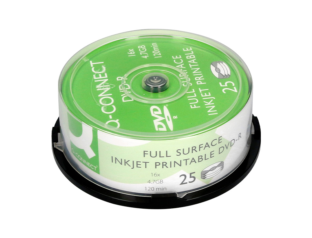 Dvd-r q-connect con superficie 100% imprimible para inkjet capacidad 4,7gb duracion 120mivelocidad 16x bote de 25 unid