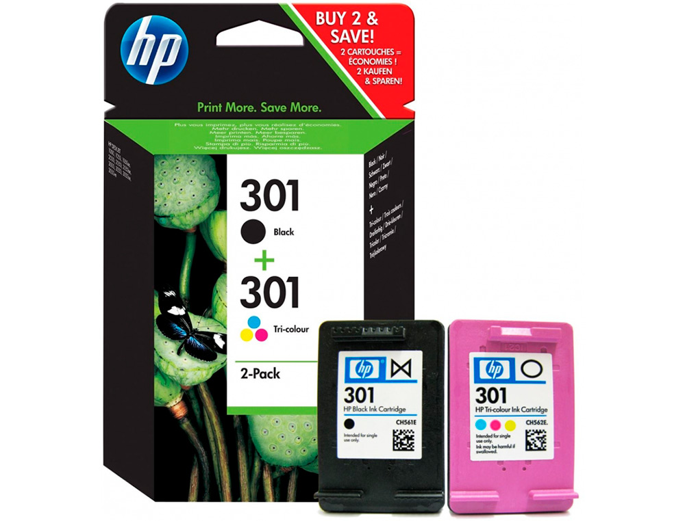 Ink jet hp 301 pack con tinta negra y tinta tricolor 1000/1001 3000/ 3050/3050se/3050ve 1050a/2050a/