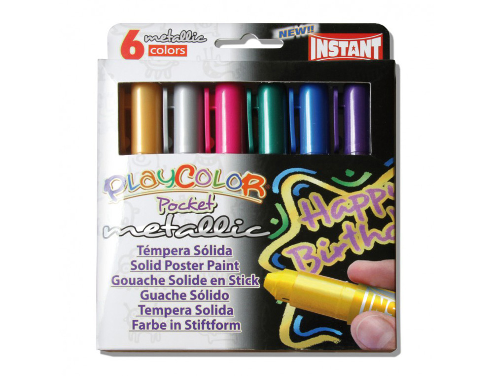 Tempera solida en barra playcolor pocket escolar caja de 6 colores metalizados