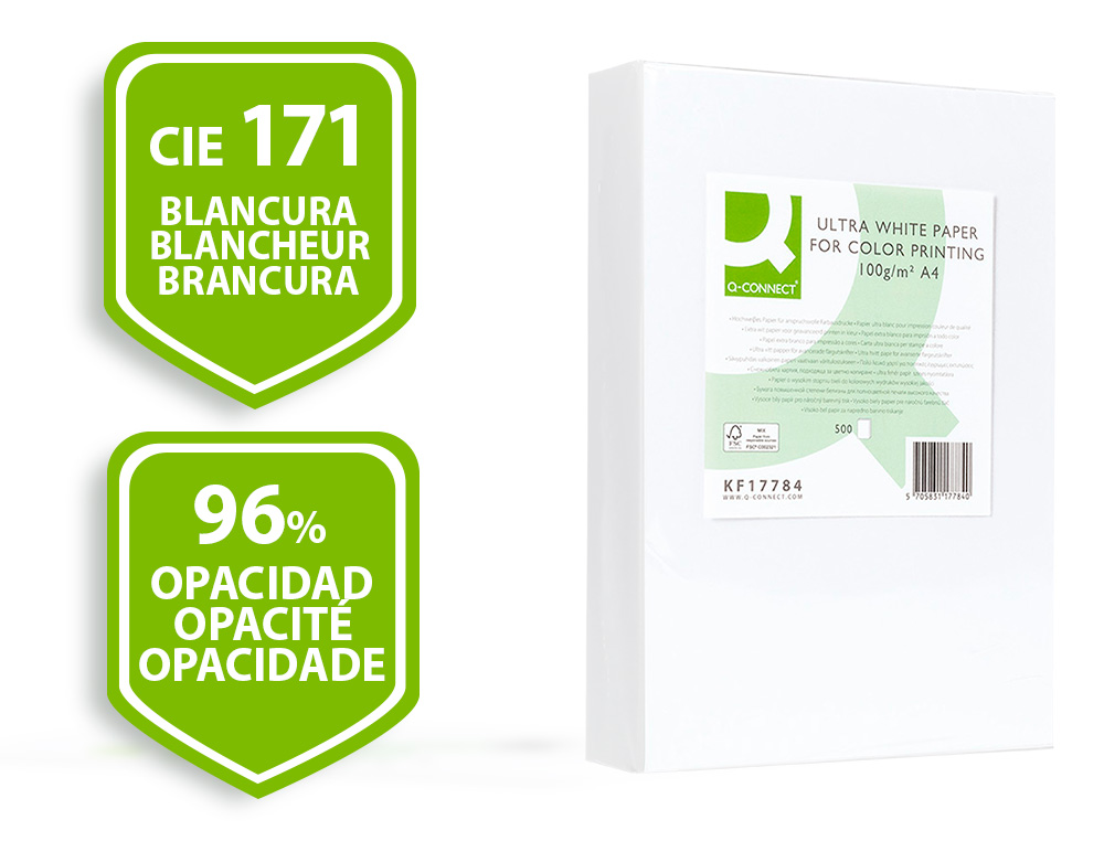 Papel fotocopiadora q-connect ultra white din a4 100 gramos paquete de 500 hojas