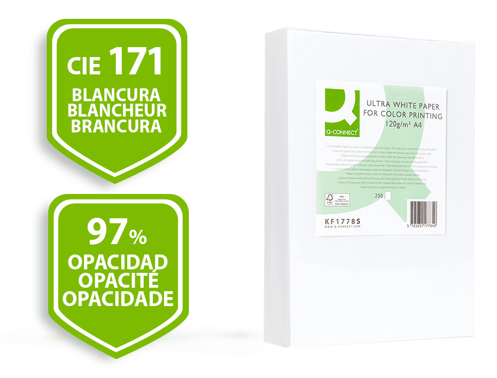 Papel fotocopiadora q-connect ultra white din a4 120 gramos paquete de 250 hojas