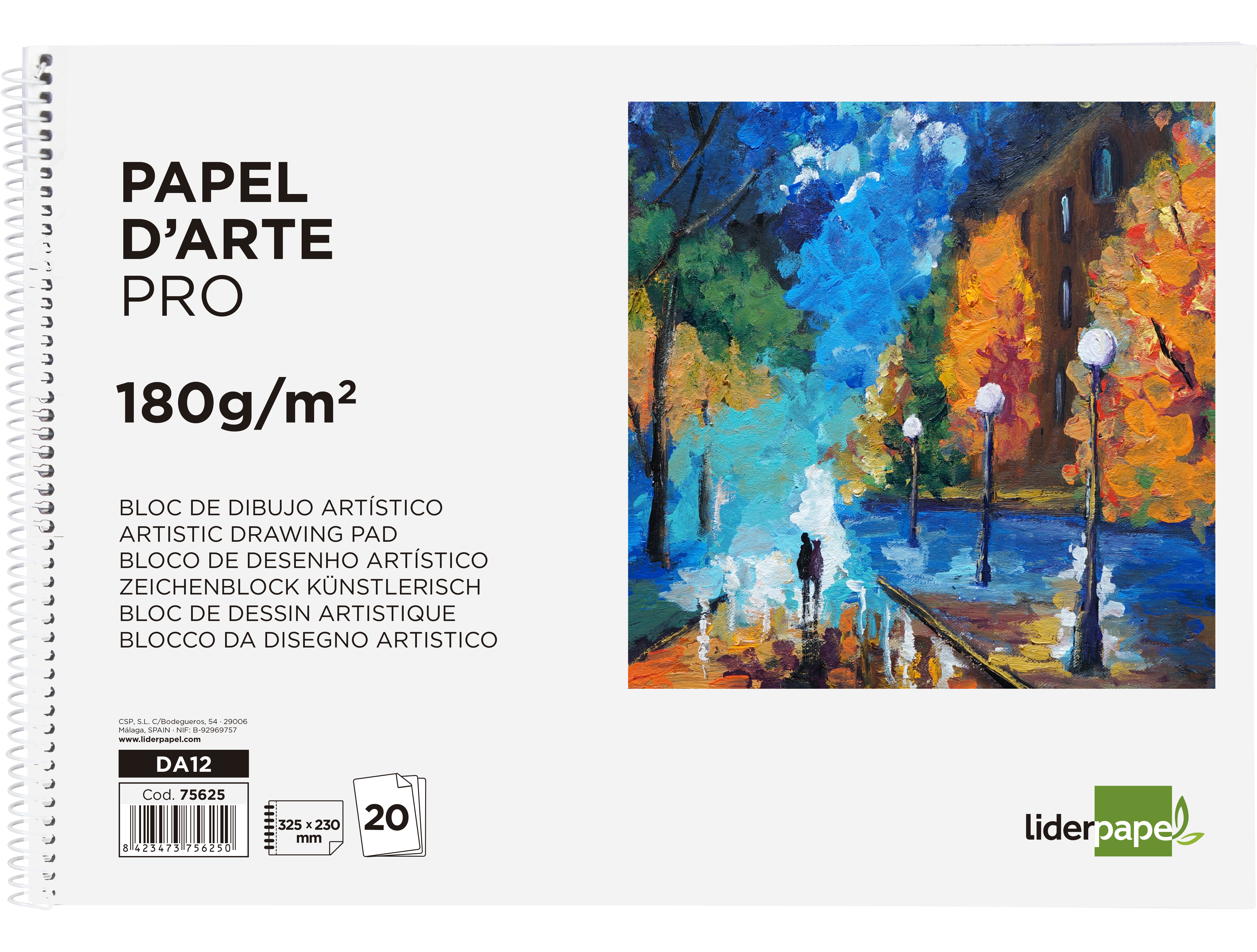 Bloc dibujo liderpapel artistico espiral 230x325mm 20 hojas 180 g/m2 sin recuadroperforado