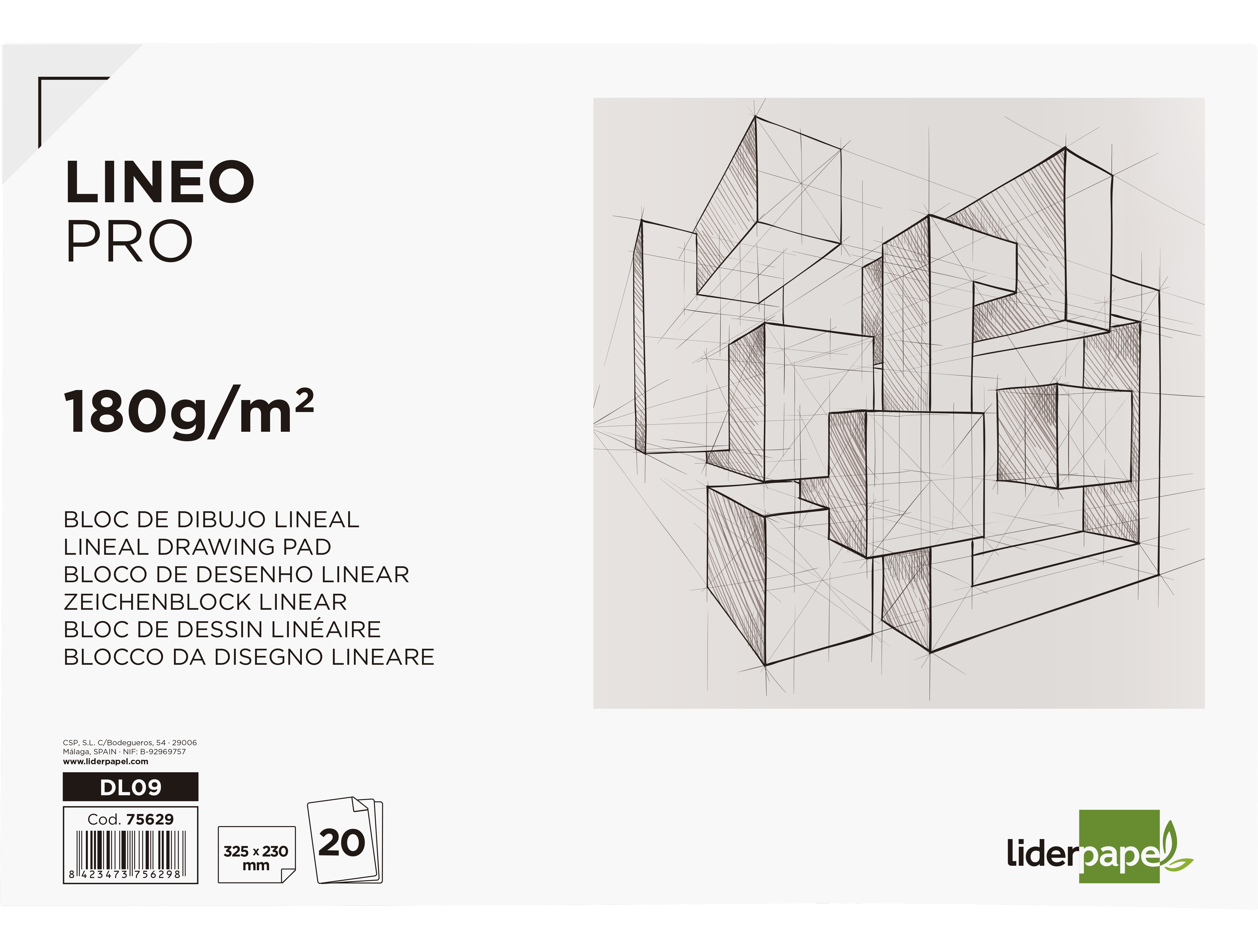 Bloc dibujo liderpapel lineal encolado 230x325mm 20 hojas 180 g/m2 con recuadro