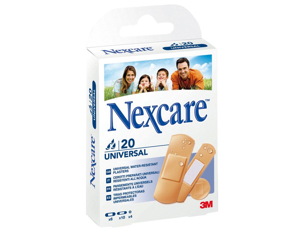 Tira protectora 3m nexcare para heridas y cortes plasticoimpermeable caja de 20 unidades diversos tamaños