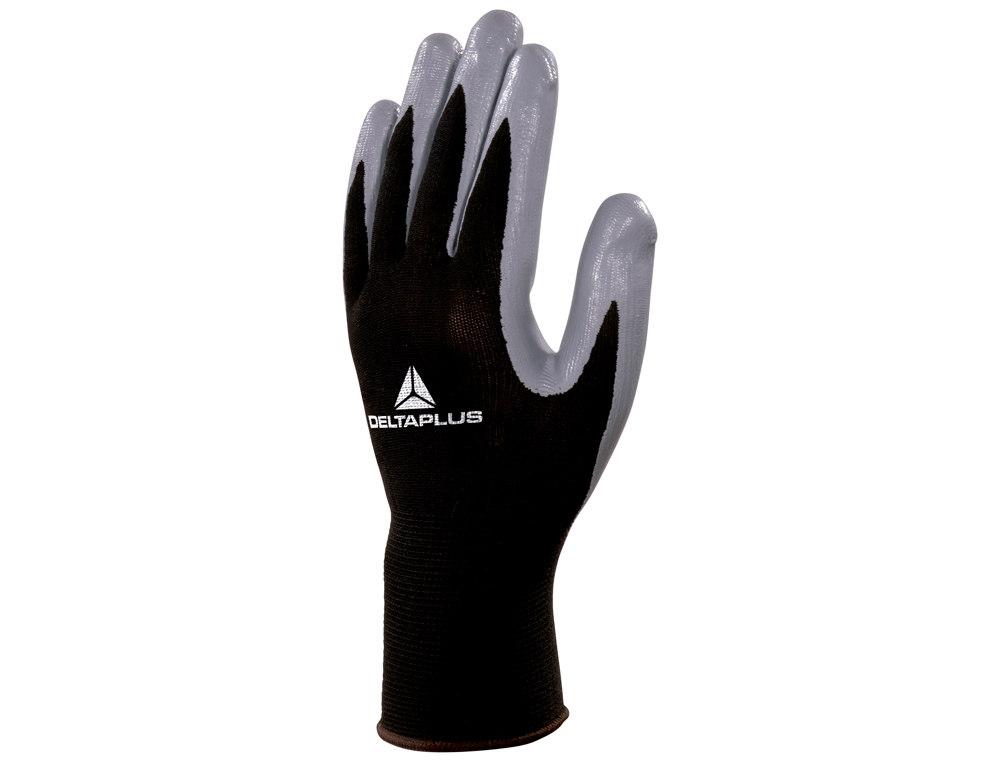 Guantes deltaplus de punto poliester palma de nitrilo especial para mecanica grasas aceites negro-gris talla 8