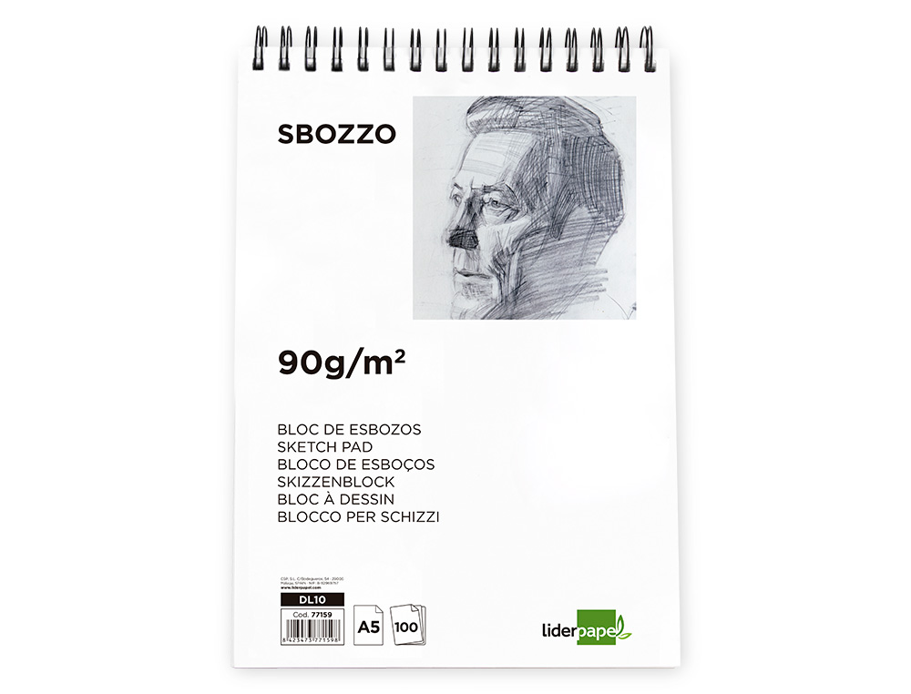 Bloc dibujo liderpapel esbozos espiral a5 148x210mm 100 hojas 90g/m2 sin recuadro