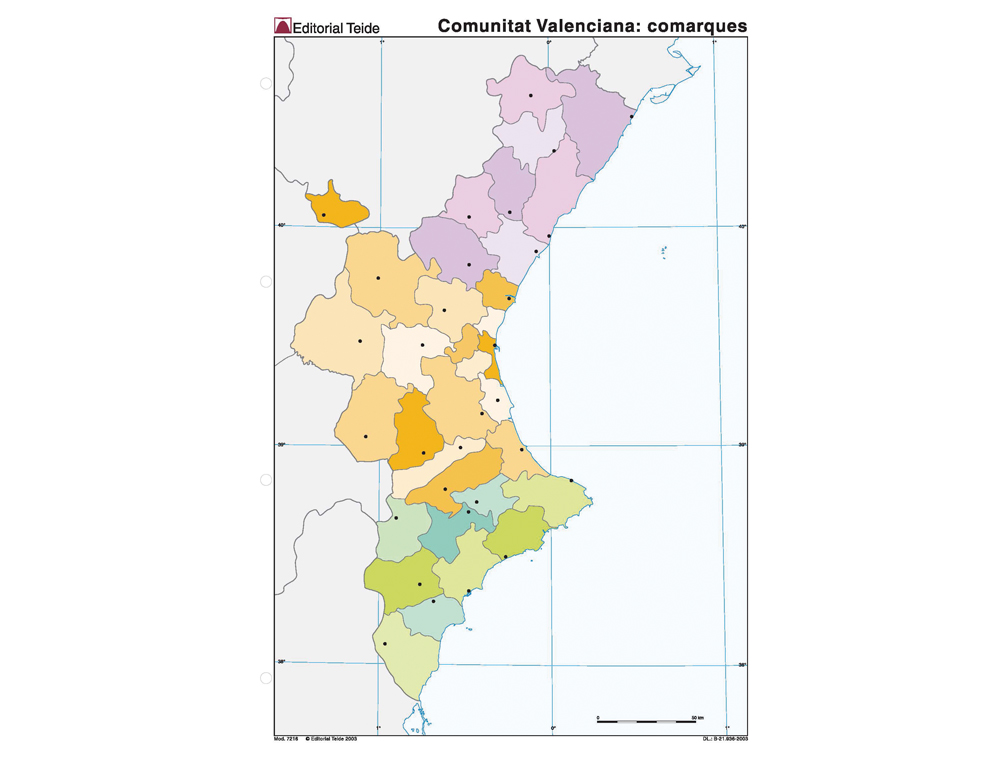 Mapa mudo color din a4 comunidad valenciana politico