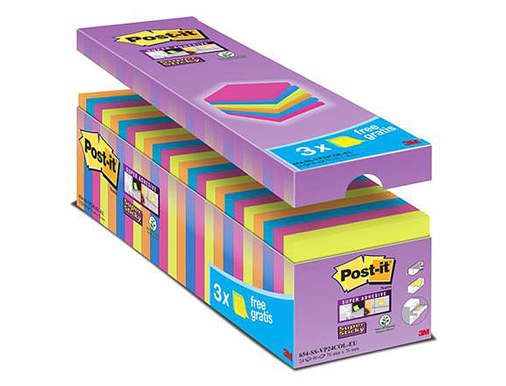 Bloc de notas adhesiva quita y pon post-it super sticky 76x76 mm 90 hojas colores surtidos pack de 21 + 3